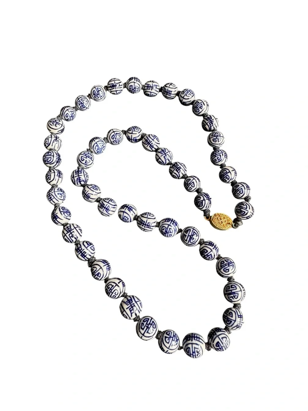 Vintage Chinese Shou Bead Necklace Blue White Porcelain Beaded Longevity 24
